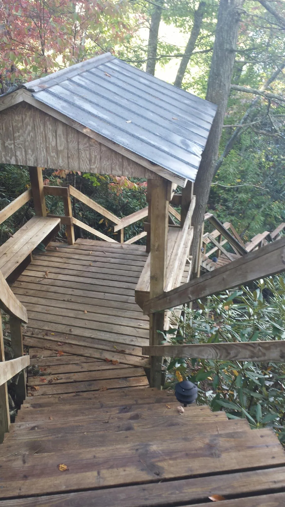 Metal roofed shelter over wooden steps on a wooded walkway — Skylight Repair & Installation work by our crew in Orange Beach